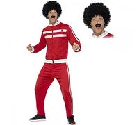 A2ZFD Mens Red Scouser Tracksuit + Wig & Tash : 80s Retro Fancy Dress Costume (Large (42-44'')), (1166SM CS4)