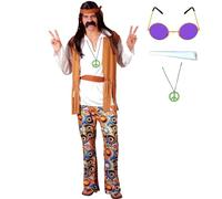 A2ZFD Mens Woodstock Hippie Costume + Peace Medallion + Purple Round Glasses + Fake Joint or Spliff : Adult Hippy 60s 70s Fancy Dress Set (Medium)