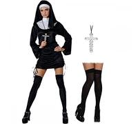 A2ZFD Naughty Nun Sexy Ladies Halloween Hen Fancy Dress COSTUME + BLACK STOCKINGS + CROSS