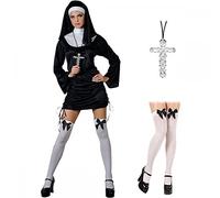 A2ZFD Naughty Nun Sexy Ladies Halloween Hen Fancy Dress Costume + Stockings with Bows + Cross (XS (UK 6-8), White with Black Bows)