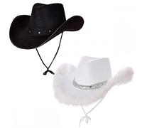 A2ZFD Pack of 2 : Texan Cowboy Black Hat & Cowgirl White Sequin & Marabou Hat : Wild West Rodeo Couples Ladies Womens Men Stag & Hen Night Fancy Dress Accessory