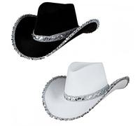 A2ZFD Pack of 2 x Texan Cowboy Hats (1 x White Sequin + 1 x Black Sequin) : Wild West Ladies Womens Cowgirl Hen Night Fancy Dress Accessory