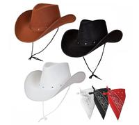 A2ZFD Pack of 3 x Texan Cowboy Hats (Black, Brown, White) + Pack of 3 x Bandanas (Red, White, Black) : Adult Mens Wild West Rodeo Western Music Festival Fancy Dress Accessory Set