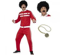 A2ZFD Scouser Tracksuit + Wig & Tash + Gold Medallion : Mens Fancy Dress Sports 1980s Adults 80s Costume (M (38-40inch)), Red