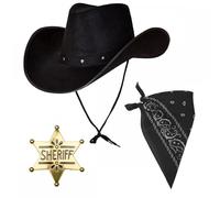 Texan Cowboy Black Hat + Black Bandana + Gold Western Sheriff Badge : 3 Piece Adult Wild West Fancy Dress Accessory Set