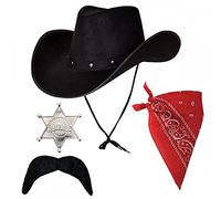 A2ZFD Texan Cowboy Black Hat + Red Bandana + Silver Sheriff Badge + Cowboy Moustache : 4 Piece Adult Wild West Fancy Dress Accessory Set