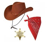 Texan Cowboy Brown Hat + Red Bandana + Gold Western Sheriff Badge : 3 Piece Adult Wild West Fancy Dress Accessory Set
