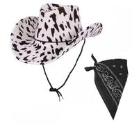 A2ZFD Texan Cowgirl or Cowboy Hat with Cow Print Design + Black Bandana : Adult Ladies Womens Mens Wild West Cowboy Music Festival Fancy Dress Costume Accessory Set