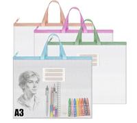 A3 Art Folder Carry Case: 4pcs Clear Plastic Wallets Zip,A3 Paper Storage Bag,Waterproof Document Pouch,Art Portfolio Folder with Pockets for Paperwork Artwork Homework