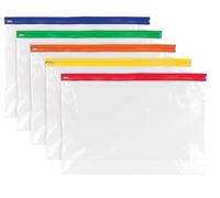A3 Clear Plastic Zippy Bags Wallet Folders - 5 Pack - Assorted Colours - Waterproof Heavy Duty Storage Zip Bags Document Pouches Wallets Files