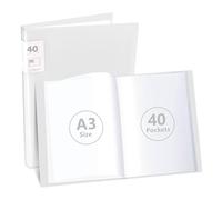 A3 Display Book Folder, 40 Pocket Book Presentation with Clear Plastic Sleeves PortfolioFolder A3 Storage Art StorageFolder for Painting Artwork Portfolio A3Folder with Plastic Sleeves - White
