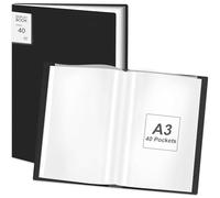 A3 Display Book Folder with Clear Plastic Sleeves, 40 Pockets Presentation Folders, Document Organiser Clip, Portfolio Holder for Storage Painting, Artwork, Report, Drawing, Certificate (Black)