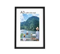 A3 Frame, Woode Picture Frame 29.7 x 42 cm with A4 Mount and Plexiglass, A3 Poster Frame，Display Landscape or Portrait Orientation, Photo Only Wall Hanging, Black