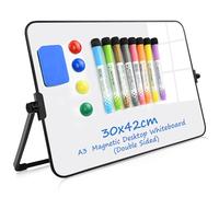 A3 Magnetic Desktop Whiteboard(30x42cm), Double Sided Dry Erase White Board with Stand, Glass Small Whiteboard for Memo, Calculation, Brainstorming, Work Tags