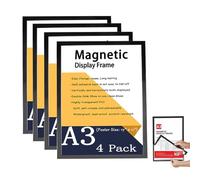 A3 Magnetic Frames Black 4Pack, 17x11 Self-Adhesive Magnetic a3 Display Frame, Magnet Picture frame for Photo, Painting, Documents, Strong Magnet paper Holder for Fridge,whiteboard,Glass or flat wall