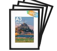 A3 Picture Frame 4 Pack, Black Wooden A3 Photo Frame 42 x 29.7 cm with A4 Mount, Poster Frame for Certificates and Artwork, Wall Mount Horizontal or Vertical