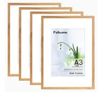 A3 Picture Frame, 4 Pack Solid Oak Wood A3 Frame with Mount for A4 Frame, A3 Poster Documents Certificate Frame with Tempered Glass for Home Office to Hang Portrait or Landscape