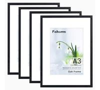 A3 Picture Frame Black 4 Pack Solid Oak Wood A3 Frame with Mount for A4 Frame, A3 Poster Documents Certificate Frame with Tempered Glass for Home Office to Hang Portrait or Landscape