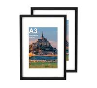 A3 Picture Frame set of 2, Black Wooden A3 Photo Frame 42 x 29.7 cm with A4 Mount, Poster Frame for Certificates and Artwork, Wall Mount Horizontal or Vertical