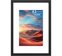 A3 Picture Frame Wooden Picture Frames with A4 Mount,A3 Photo Frame with Acrylic Glass, A3 Poster Frame with Wall Hanging,Certificate Frames Landscape or Portrait Orientation,Black,1P