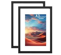 A3 Picture Frame Wooden Set of 2,Picture Frames with A4 Mount,A3 Photo Frame with Acrylic Glass, A3 Poster Frame with Wall Hanging,Certificate Frames Landscape or Portrait Orientation,Black
