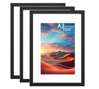 A3 Picture Frame Wooden Set of 3,Picture Frames with A4 Mount,A3 Photo Frame with Acrylic Glass, A3 Poster Frame with Wall Hanging,Certificate Frames Landscape or Portrait Orientation,Black