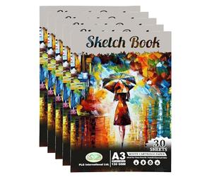 A3 Sketch Book for Artists Soft Cover - 130gsm Thick White Mixed Media Cartridge Paper - Large Sketch Pad Art Book - Drawing Book 16.6" X 11.8", 30 Sheets / 60 Pages - Stationery Supplies (Pack of 5)