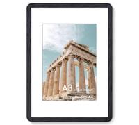 A3 Solid Oak Wood Frame with Round Corner & HD Tempered Glass, Black | Picture Frame with mat for A4, Hanging Hardware Included, for Wall & Tabletop