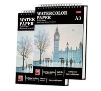 A3 Watercolour Paper Pad - Pack of 2, 32 Sheets Each (64 Pages), 300GSM(140LB) Cold-Press, Natural White, Spiral-Bound A3 Drawing Pad,Mixed Media Paper -Suitable for Beginners, Artists & Professionals