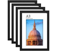 A3 Wooden Picture Frames Set, 4-Pack, 29.7 x42cm Versatile Black A3 Frame, Supports Landscape or Portrait Orientation, with Plexiglass, Wall-Mountable and Desk-Ready