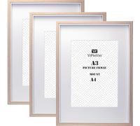 A3 Wooden & White Two Tone Picture Frames Set of 3 with Mounts for A4 Photo,A4 Boxed Photo Frames for 3pack,A3 Wooden Poster Frame with Mount for Picture Frames