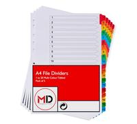 A4 1-20 File Dividers with Coloured Numbered Index Tabs - Multi Hole Punched and Reinforced Subject Divider - Pack of 5