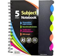 A4 / A5 5-Part Subject Notebook with Strong Repositionable Tabbed Dividers Micro-Perforated Feint Ruled Pages with Margin 70 gsm Paper - Available in Packs of 1 3 or 5 - Ideal for School Office Home