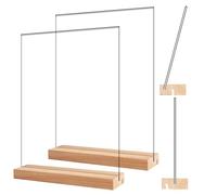 A4 Acrylic Sign Holder with Wood Base, Vertical and Slant Clear Perspex Display Stand for Office Store Restaurant, 2 Pack Stands Display Holder for Brochure, Flyer, Menu, Paper, Poster, Display