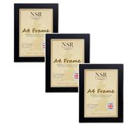 A4 Black Frame Set of 3 Picture Photo Frames - Flat Wall Mount Hang Hooks & Tabletop Stand Poster Wooden Portrait/Panoramic Acrylic Artwork Display