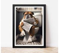 A4 British Bulldog sitting on Toilet Reading Newspaper - Novelty Gift for Dog Lovers - Funny Dog Wall Art Print - A4 Unframed Bathroom Decor Poster - Quirky Toilet Humour Artwork