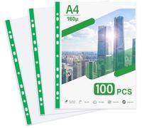 A4 Clear Plastic Punched Pockets 100 Pack, 160 Micron Heavy Duty Plastic Wallets,11 Holes Glass Clear Plastic Sleeves with Green Edging,Poly Pockets for Ring Binders,Paper,Files,and Document Storage