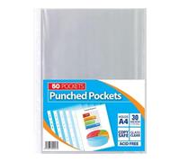 A4 Clear Plastic Punched Pockets, 30 Micron, Sheet Protectors, 50 Pack, Crystal Glass Finish
