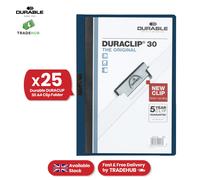 Durable DURACLIP 30 A4 Clip Folder - Holds Up to 30 Sheets of A4 Paper - Strong Metal Sprung Clip - Pack of 25 Midnight Blue Colour Folders for Organising Documents