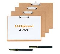 A4 Clipboard Set of 4, MDF Wooden Clipboard A4 with Two Pens, Horizontal Clip Board with Low Profile Clip for Office, Drawing, Sketching, Art, Office & School Supplies