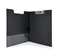 A4 Clipboard with Flap and Clip - Rigid Black PVC Coated Stand - Professional Document Holder with Inner Pocket and Hanging Hook - Ideal for Meetings, Construction Sites, Offices
