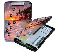 A4 Clipboard with Storage Pen Holder, Clipboards Organizer Nursing Clipboard Foldable File Folder Plastic Clipboard Folio Clip Board for Office Students Classroom Doctor, Dog Paw Print Beach