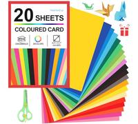 A4 Coloured Card, 20 Sheets Multicoloured 230 GSM Card Stock with Anti-Pinch Scissors, 20 Rainbow Colors Thick Craft Cards for Kids Arts & Crafts, DIY Projects, Scrapbooking & Holiday Decorating