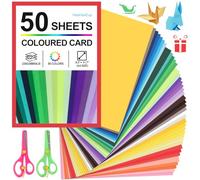 A4 Coloured Card, Multicoloured 230 GSM Card Stock with Anti-Pinch Scissors, Thick Craft Cards for Kids Arts & Crafts, DIY Projects, Scrapbooking & Holiday Decorating (50)