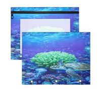 A4 Deep-sea Turtles File Pouch 2-Pack, 12.2x9.45in Waterproof Soccer Grid Polyester Document Bag, Transparent PVC Window Stationery Organizer for Back to School Office Home Use