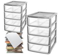 A4 Desktop Plastic Storage Drawers Table Top Organiser 4 Pull Out Drawers Storage Tower Unit For Home, School, Office, Bedroom & Living Room (1, Silver)