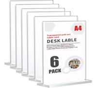A4 Display Stand,Vertical T-Shape Menu Sign Holder,Plastic A4 Acrylic Sign Holder,Double-Side Perspex Display Stand for Table,Restaurant,Hotel,Bar,Office,Store,Exhibition,Counter (Clear, A4-6 Pack)
