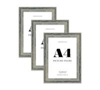 A4 Distressed Green Picture Frame - Rustic Wood Industrial Effect Photo Frame for Wall Display, Ideal for Posters, Prints & Home Décor, Wall Hooks and Kickstand, 32mm Edge - 3 Pack