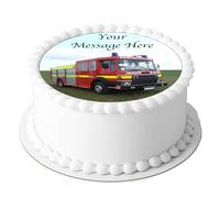 A4 Edible Decor Icing Sheet PERSONALISED Fire Engine Truck Emergency Service 7-8" Circle Cake Topper Decoration - Great for larger cakes