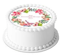 A4 Edible Decor Icing Sheet PERSONALISED Pink Floral Flower Design 7-8" Circle Cake Topper Decoration - Great for larger cakes